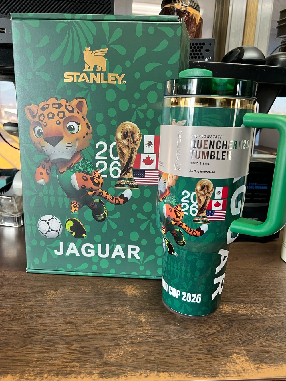 Stanley Green Jaguar 2026 Quencher Tumbler with Gold Accents